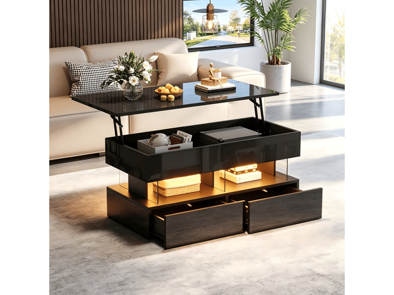  Table bassetable d'appoint relevable 100 x 50 x 46 cm avec plateau réglable en hauteur et rangement dissimulé, finition brillante avec éclairage led, table basse à 2 tiroirs, noir, mdf + acrylique  - Conforama B
