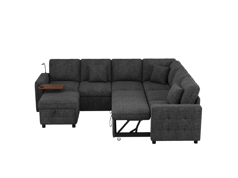  Canapé d'angle xxl convertible 261x203x88 cm pour 7 personnes en chenille gris, avec led, usbtype-c, rangement, table rabattable et porte-gobelets.  - Conforama A