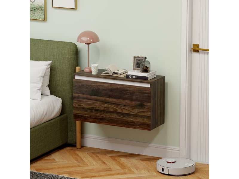  Table de chevet murale avec tiroir sans poignée, 80 x 30 x 45 cm, noyer  - Conforama C