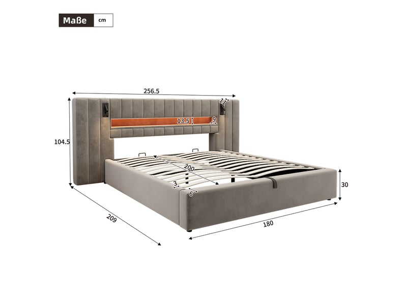 Lit double 180×200 cm usb, usb-c, led réglable et lampe de lecture - sans matelas, velours gris - Conforama D