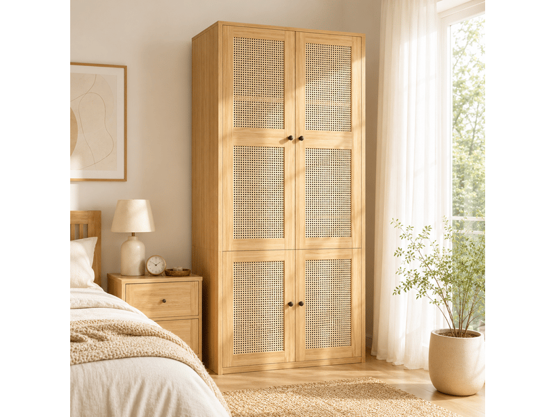  Armoire 2 portes en mdf bois clair et paille, 3 tiroirs, 4 compartiments, avec penderie pour la chambre  - Conforama B