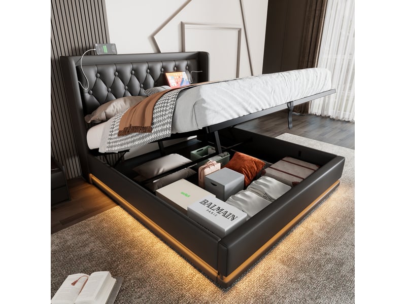  Lit coffre tcqpz 160 x 200 cm noir pu tête de lit rembourrée usb type-c led 3 faces  - Conforama E