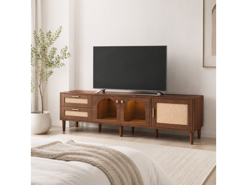  Meuble tv 180x40x50 cm avec led, 2 tiroirs en rotin, panneaux de particules marron  - Conforama B
