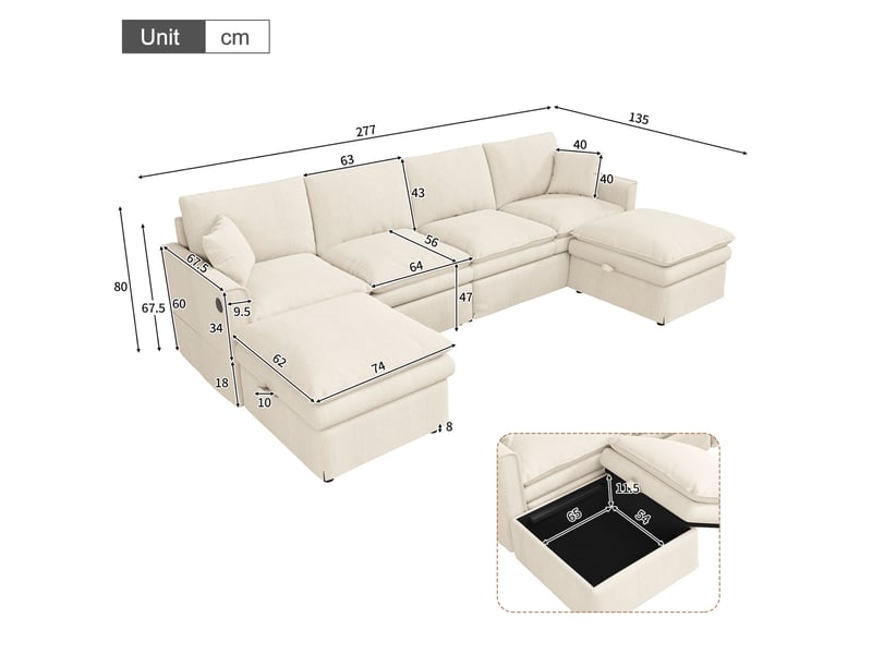 Canapé d'angle modulaire 6 places 277x135x80 cm – beige – poufs mobiles avec rangement et ports usbtype-c  - Conforama C
