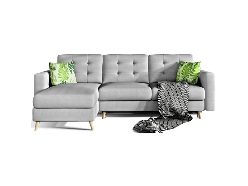  Canapé d'angle convertible hasgard 3 places gris 248x162 cm – coffre et pieds bois  - Conforama A