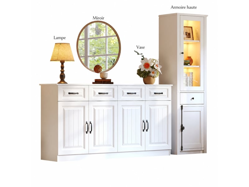  Ensemble buffet blanc et vitrine avec led, meuble de rangement deux pièces pour salon, 5 tiroirs, 6 portes, blanc  - Conforama A