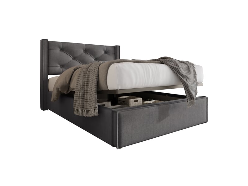 Lit coffre 1 place 90x200 cm en coton avec tête rembourrée et rangement, sans matelas, gris  - Conforama A