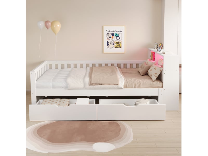 Lit simple 90 × 200 cm avec 2 tiroirs, rangements, led, prises usb et barrières en bois blanc pour chambre - Conforama E