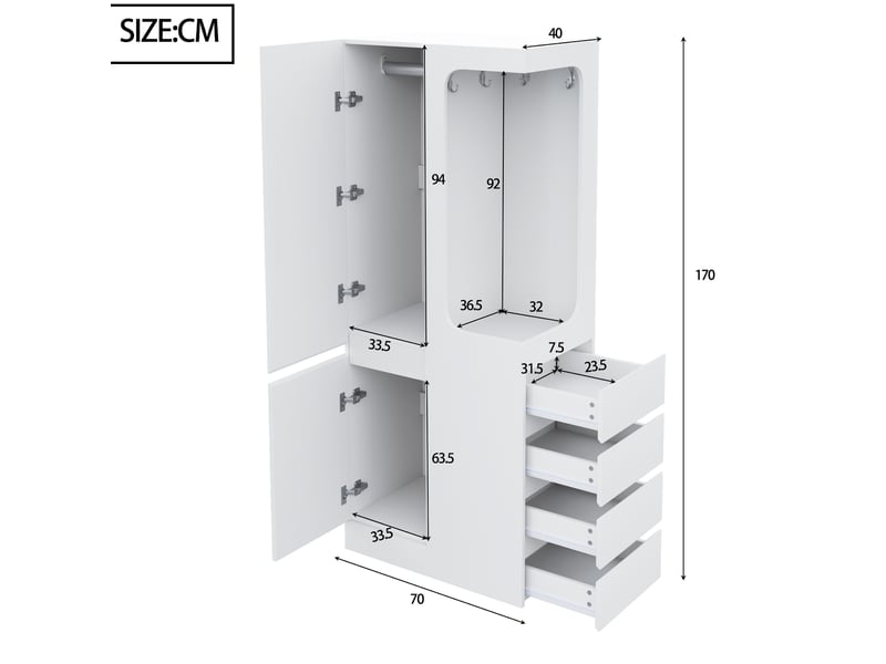  Armoire 2 portes 70x40x170 cm, espace penderie ouvert, 2 tiroirs, bois, couleur blanc, design moderne et minimaliste  - Conforama C