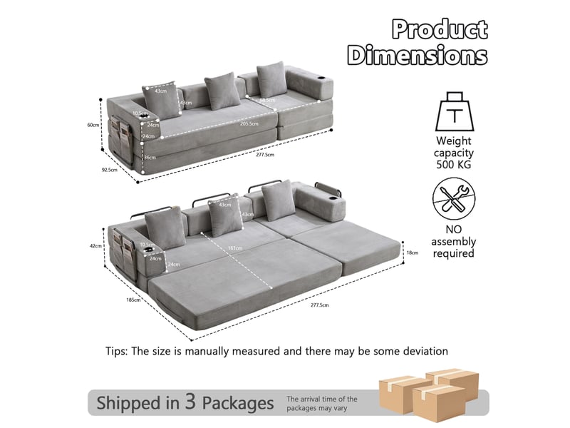  Canapé de sol convertible 277,5x92,5x60 cm 3 places velours côtelé gris clair sans matelas  - Conforama E