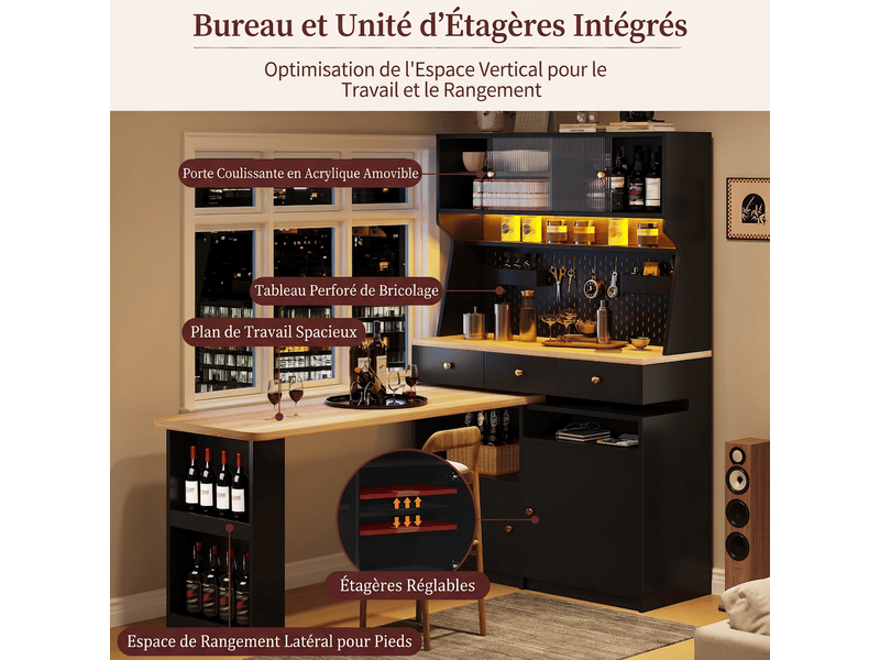  Armoire haute multifonction avec bureau et table de bar, led connecté et portes en verre, noir  - Conforama E