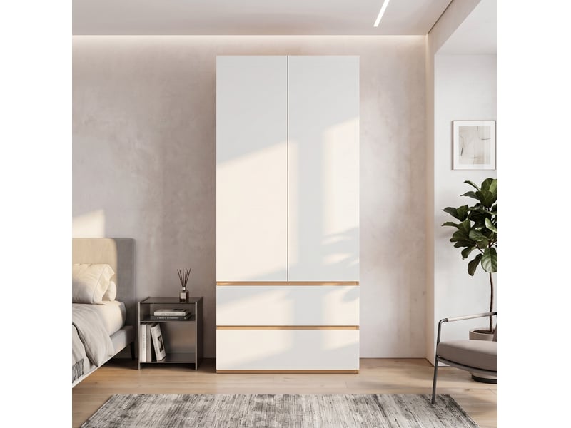  Armoire 90x50x200 cm avec 1 barre de penderie, 2 tiroirs et 2 portes, mdf et panneau de particules, blanc, chambre déco  - Conforama D