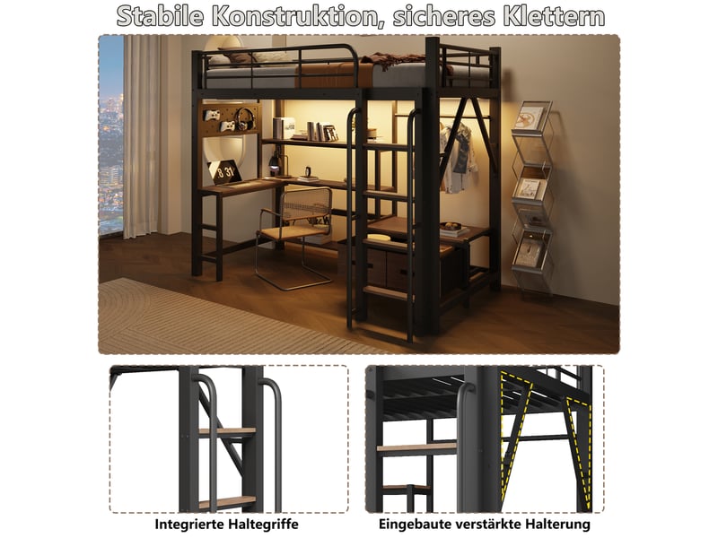  Lit mezzanine enfant 90×200 cm avec bureau, led, usb et deux tiroirs - okmyhome- noir, sans matelas  - Conforama E