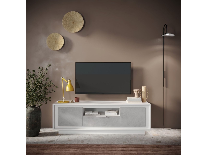  Meuble tv 2 portes 1 tiroirs 1 niche blanc laqué façades aspect ciment piètement socle - azonto AZONTO - Conforama B
