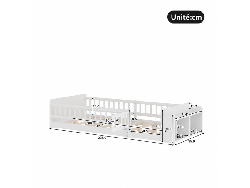  Lit enfant 90x200 cm blanc avec rangements ouverts et barrière ouvrante  - Conforama W