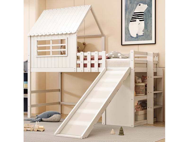 Lit mezzanine enfant 90×200 cm avec toboggan, échelle et rangements, bois, blanc, sans matelas - Conforama B