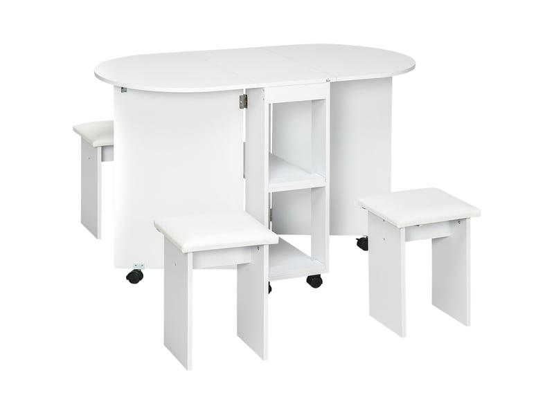  Ensemble de cuisine 5 pièces, table pliante avec 2 étagères et 4 tabourets en aggloméré, blanc  - Conforama A