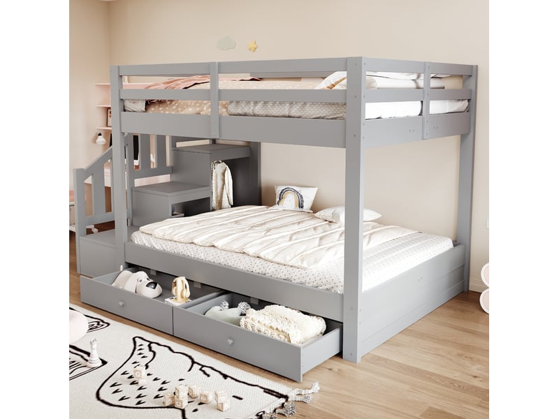  Lit superposé modenvie 140 x 200 cm gris avec escalier de rangement et 2 tiroirs  - Conforama D