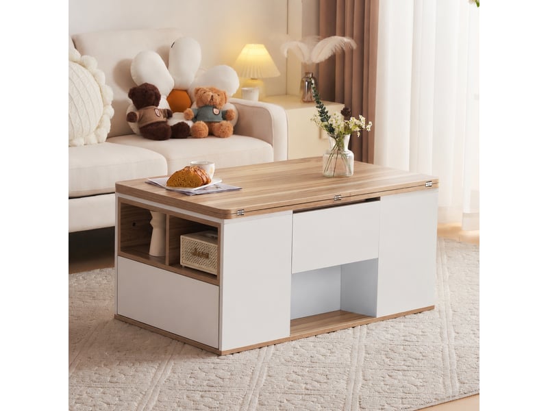 Table basse relevable multifonction, 2 plateaux, rangements, 100 x 51 x 47 cm, blanc et bois naturel - Conforama B