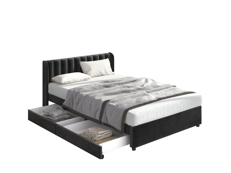 Lit 140 x 200 cm en velours noir avec sommier à lattes, tête de lit et 2 tiroirs  - Conforama A