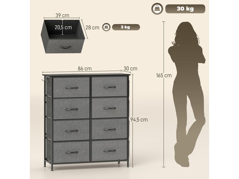  Commode 8 tiroirs en tissu, meuble de rangement avec 4 poches, 2 crochets, structure en acier, 86 x 30 x 94,5 cm, gris  - Conforama C