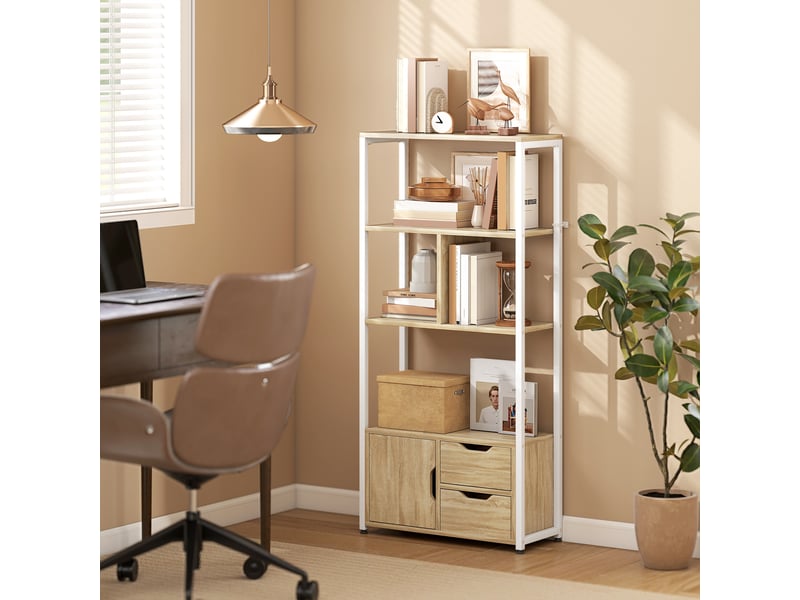  Bibliothèque avec étagères, tiroirs et porte, 58 x 24 x 122 cm, style industriel, bois blanc et naturel  - Conforama C