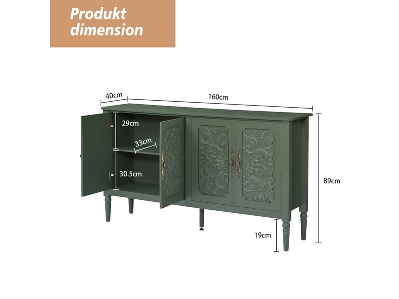  Buffet 160x40x89 cm vert, panneau de particules, mdf et métal, grand rangement pour salle à manger  - Conforama C