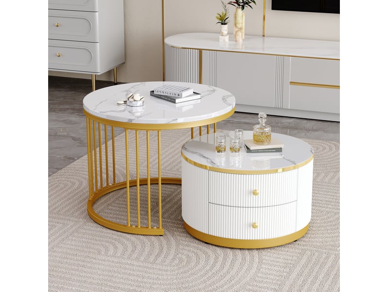  Lot de 2 tables basses gigognes rondes avec 2 tiroirs, blanches, effet marbre  - Conforama B