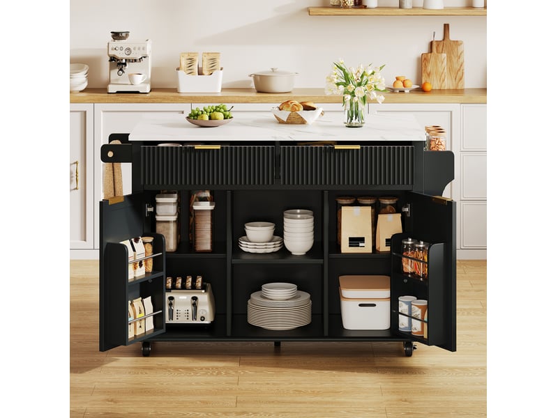  Desserte de cuisine à roulettes 143 x 4569 cm, 2 tiroirs et plateau pliant noir  - Conforama B