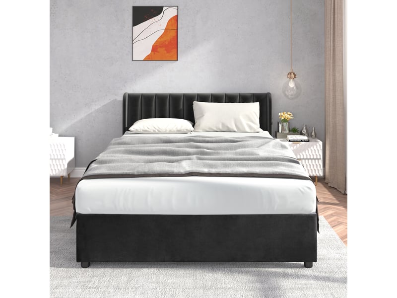  Lit double capitonné 160x200 cm avec deux tiroirs, lit double avec sommier à lattes et tête de lit, lit 2 personnes, noir  - Conforama E