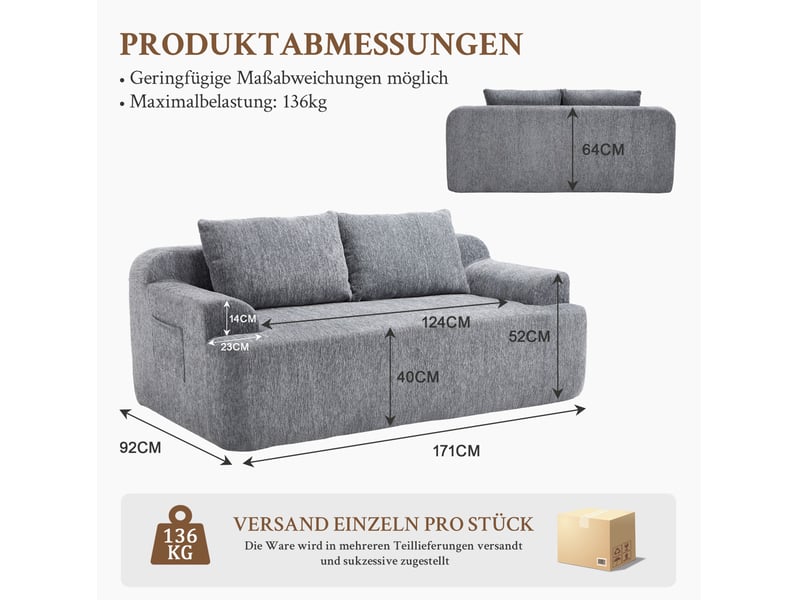  Canapé 2 places modulaire avec assise profonde, 2 coussins et sans montage, en velours côtelé gris 171 × 92 × 64 cm  - Conforama E
