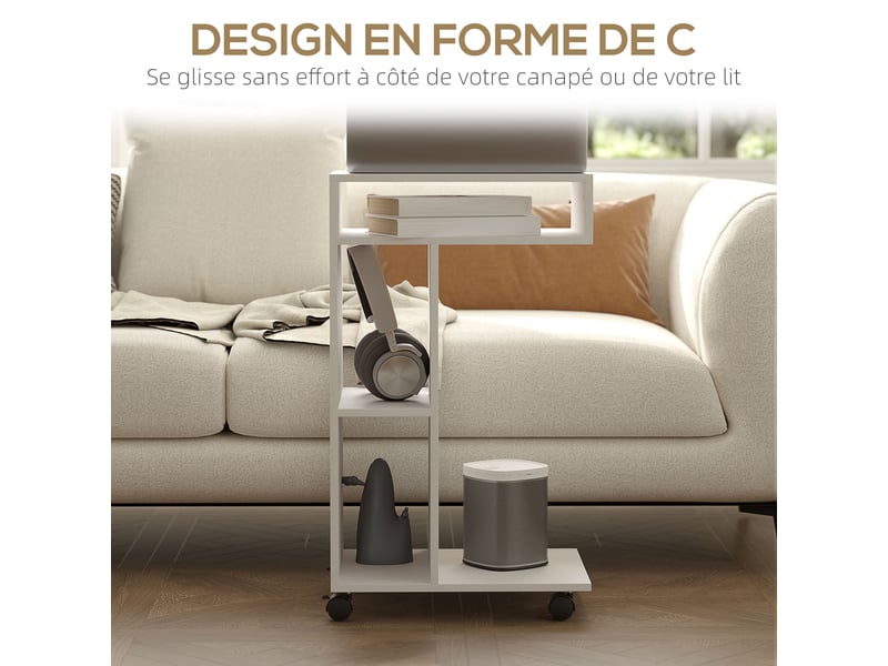  Table d'appoint en forme de c avec roulettes, 40 x 30 x 69 cm, avec 3 compartiments et 1 étagère ouverte, blanc  - Conforama E