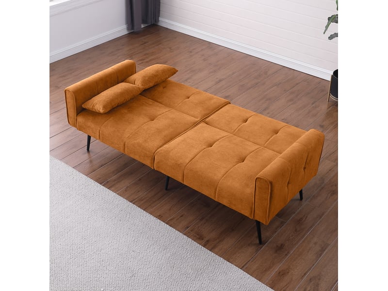  Canapé droit convertible 3 places en velours côtelé orange, format compact et accueillant pour salon ou studio  - Conforama E