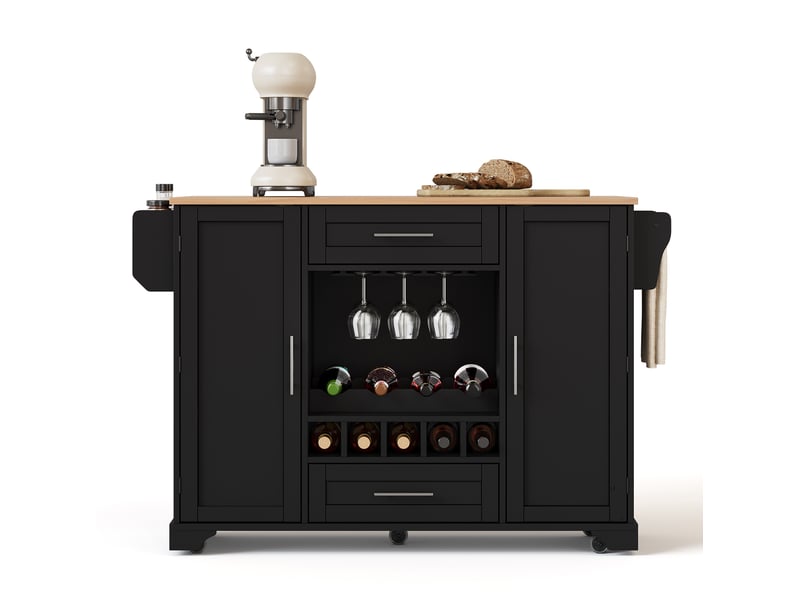  Îlot de cuisine 138x45(70)x92 cm à plateau extensible, rangement bouteilles, pour la cuisine, en mdf, noir et naturel  - Conforama A