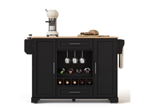Îlot de cuisine 138x45(70)x92 cm à plateau extensible, rangement bouteilles, pour la cuisine, en mdf, noir et naturel