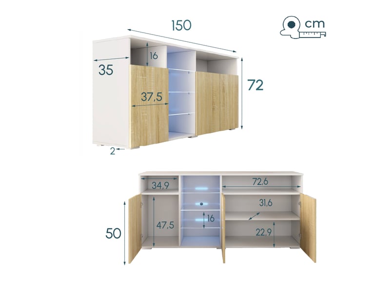 Buffet de salon bas 3 portes avec led | 150x70x35cm | meuble de rangement | modèle clark | Blanc et sonoma Clark - Conforama R