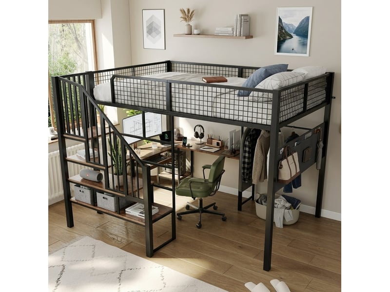  Lit mezzanine 140 × 200 cm 2 places avec bureau d'angle, port de charge, tiroir clavier et poche, sans matelas, noir vintage  - Conforama C