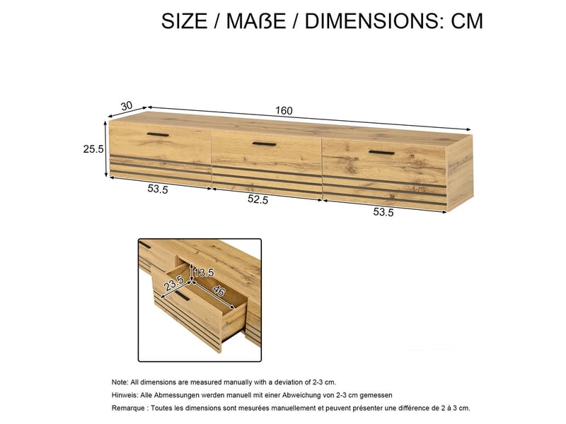 Meuble tv mural suspendu, 160 x 30 x 25,5 cm, avec 3 tiroirs et poignées, mdf et panneaux de particules, finition aspect bois  - Conforama C