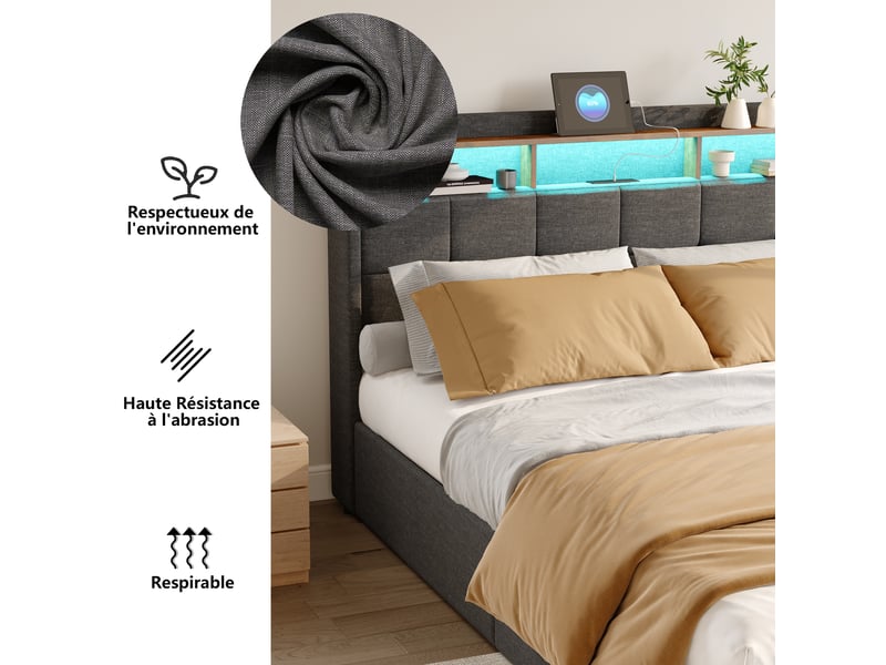  Lit avec rangement 160x200 cm coloris gris  - Conforama E