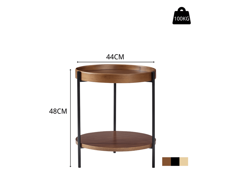  Table d'appoint ronde ulevr à 2 niveaux avec plateaux, ø44 x h48 cm, bois et mdf, structure en fer noir, noyer  - Conforama C