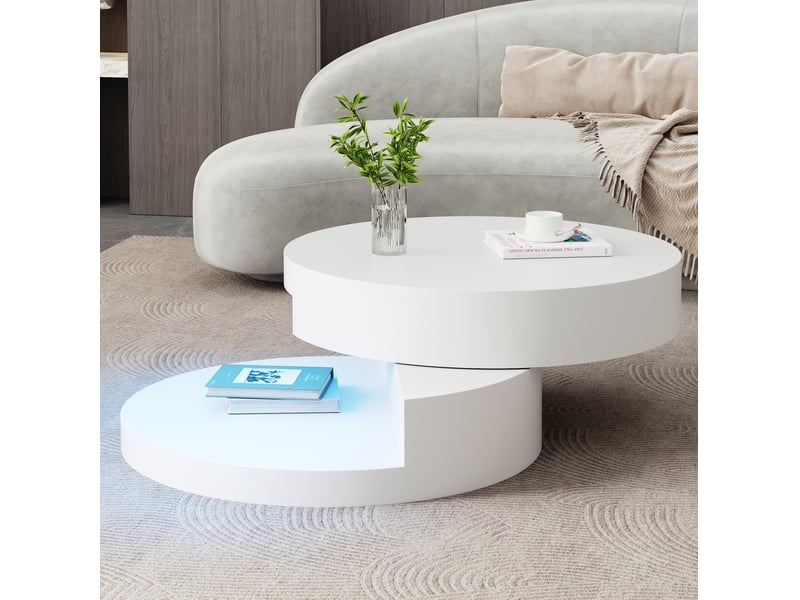  Table basse ronde 70 x 70 x 35,5 cm pivotante à led, mdf blanc, 2 niveaux  - Conforama D
