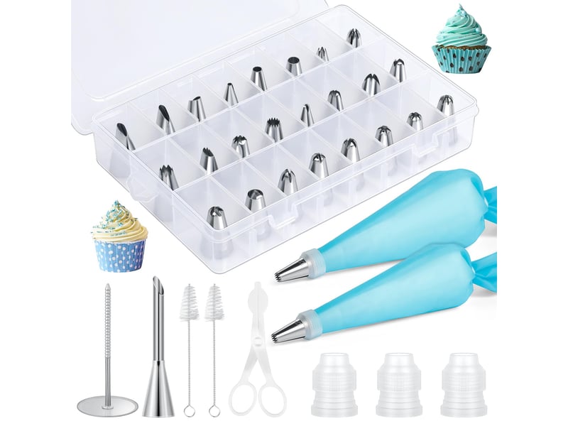  Poche a douille patisserie 34 pcs, 24 douilles en acier inoxydable, 2 poches à douille réutilisables en silicone, pour gâteaux, cupcakes, cookies  - Conforama A
