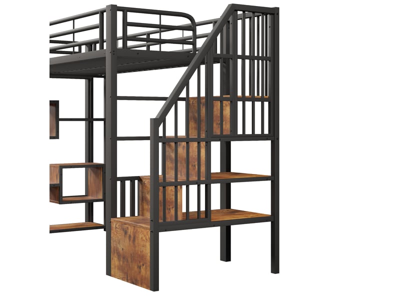Lit mezzanine 90x200 cm, escalier intégré, rangements ouverts, led multicolore, métal et mdf noir, sans matelas - Conforama E