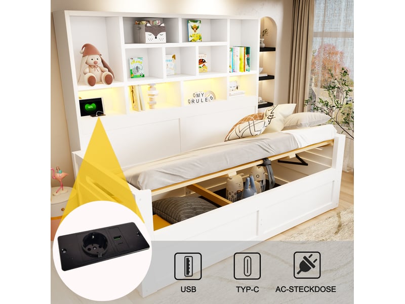  Lit 1 place 90x200 cm blanc en mdf avec rangement hydraulique, led et prises, tête de lit bibliothèque, sans matelas  - Conforama D