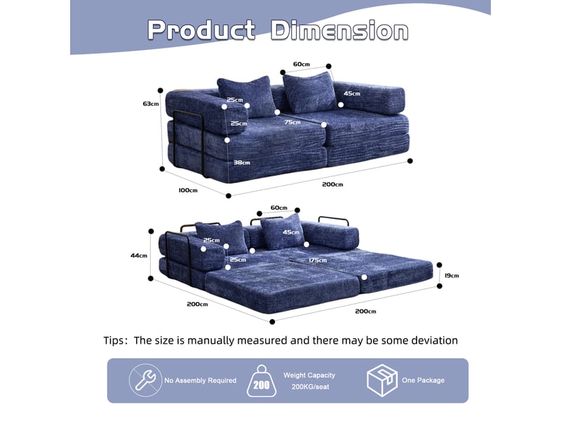  Canapé convertible 2 places - 200x100x63cm - canapé lit modulaire tissu chenille matelas ressorts ensachés - bleu foncé  - Conforama E
