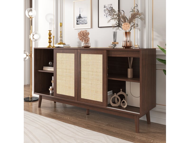  Buffet 3 portes coulissantes en rotin et 2 tiroirs, 155x38x80 cm, bois foncé  - Conforama W