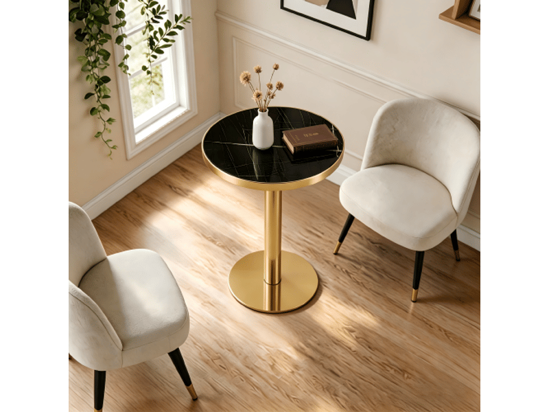 Table d'appoint ronde moderne avec cadre en acier inoxydable doré, plateau effet marbre, salon luxe, socle stable - Conforama E