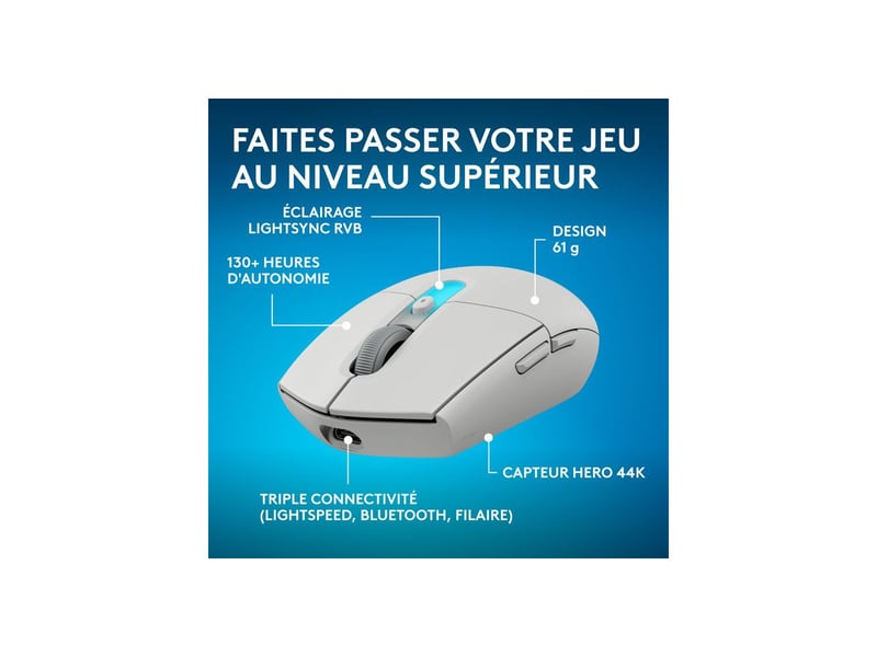  Souris gaming sans fil ultra legere hero 44k 44000 dpi rvb blanc 6 boutons usb-c LOG5099206134751 - Conforama B