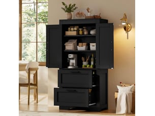 Buffet de cuisine 60x30x128 cm style campagne, 2 tiroirs, noir