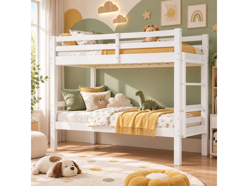  Lit superposé enfant 90 x 200 cm en pin, séparable en 2 lits simples, barrière de sécurité, échelle 3 marches, blanc  - Conforama B